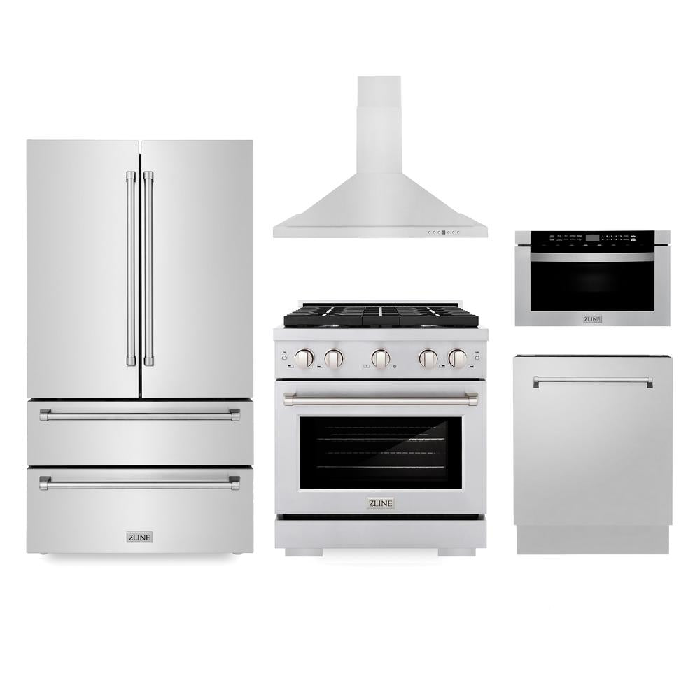 ZLINE Kitchen Package with 30 in. Stainless Steel Gas Range, 30 in. Range Hood, 36 in. Refrigerator, 24 in. Microwave Drawer, and 24 in. Tall Tub Dishwasher (5KPR-SGRRH30-MWDWV)
