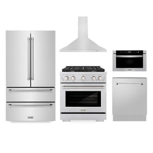 ZLINE Kitchen Package with 30 in. Stainless Steel Gas Range, 30 in. Range Hood, 36 in. Refrigerator, 24 in. Microwave Drawer, and 24 in. Tall Tub Dishwasher (5KPR-SGRRH30-MWDWV)