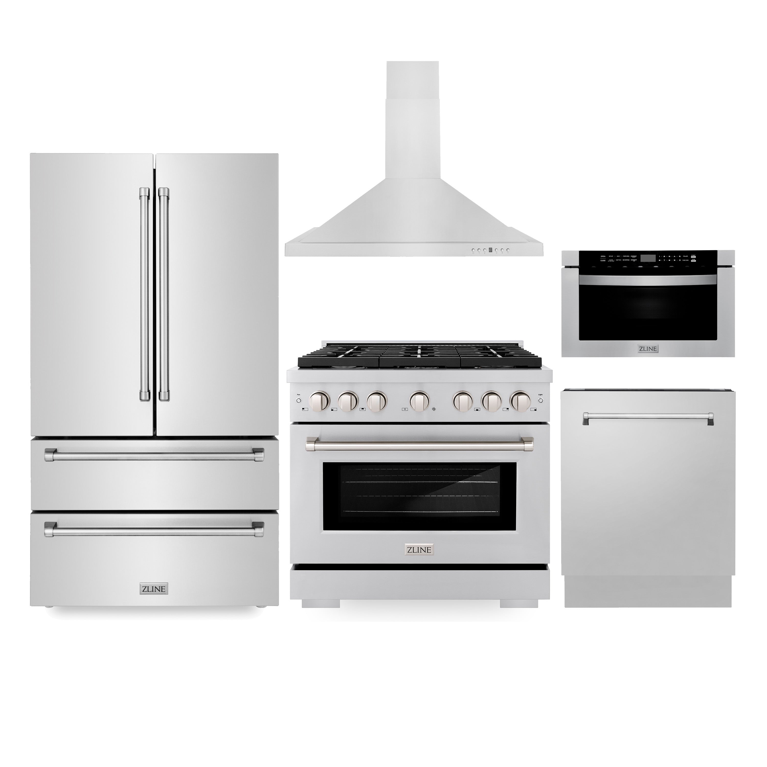 ZLINE Kitchen Package with Refrigeration, 36 in. Stainless Steel Gas Range, 36 in. Range Hood, Microwave Drawer, and 24 in. Tall Tub Dishwasher (5KPR-SGRRH36-MWDWV)