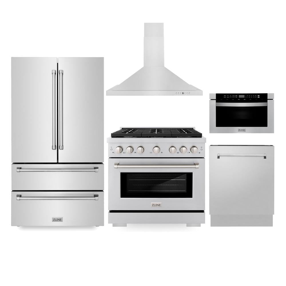 ZLINE Kitchen Package with 36 in. Stainless Steel Gas Range, 36 in. Range Hood, 36 in. Refrigerator, 24 in. Microwave Drawer, and 24 in. Tall Tub Dishwasher (5KPR-SGRRH36-MWDWV)