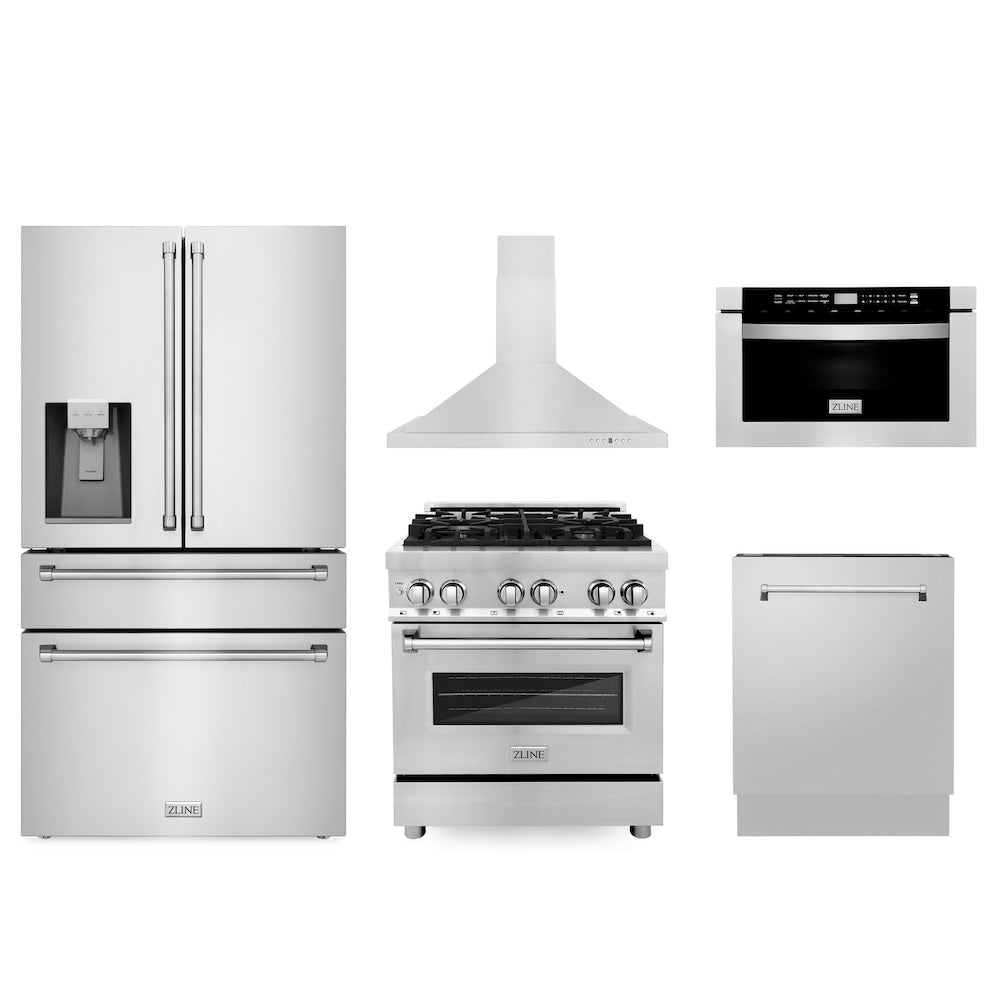 ZLINE Kitchen Package with Water and Ice Dispenser Refrigerator, 30 in. Dual Fuel Range, 30 in. Range Hood, Microwave Drawer, and 24 in. Tall Tub Dishwasher (5KPRW-RARH30-MWDWV)