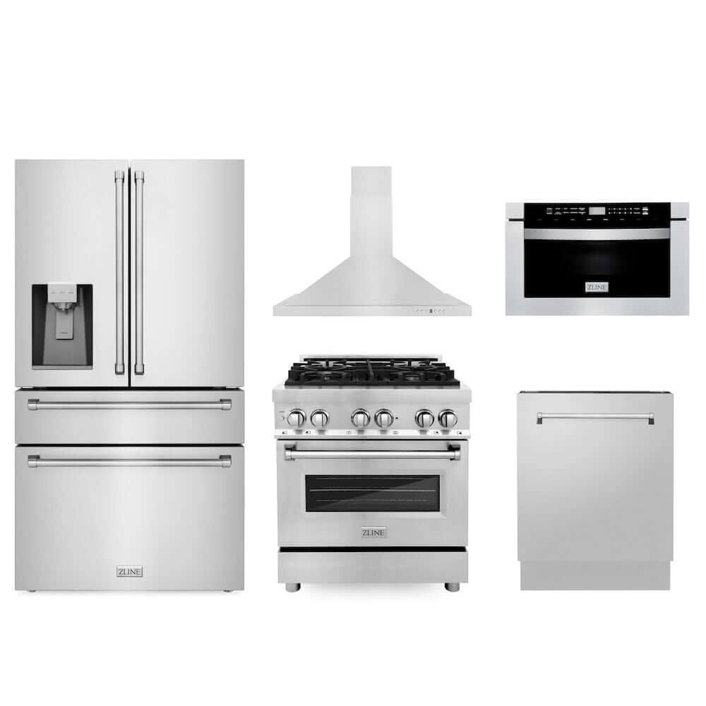 ZLINE Kitchen Package with 30 in. Dual Fuel Range, 30 in. Range Hood, 36 in. Refrigerator with Water Dispenser, 24 in. Microwave Drawer, and 24 in. Tall Tub Dishwasher (5KPRW-RARH30-MWDWV)