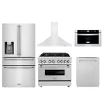 ZLINE Kitchen Package with Water and Ice Dispenser Refrigerator, 36 in. Dual Fuel Range, 36 in. Range Hood, Microwave Drawer, and 24 in. 3rd Rack Dishwasher (5KPRW-RARH36-MWDWM)