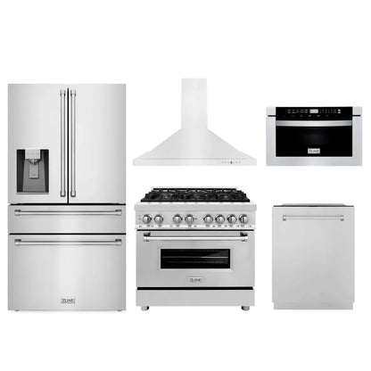 ZLINE Kitchen Package with Water and Ice Dispenser Refrigerator, 36 in. Dual Fuel Range, 36 in. Range Hood, Microwave Drawer, and 24 in. 3rd Rack Dishwasher (5KPRW-RARH36-MWDWM)