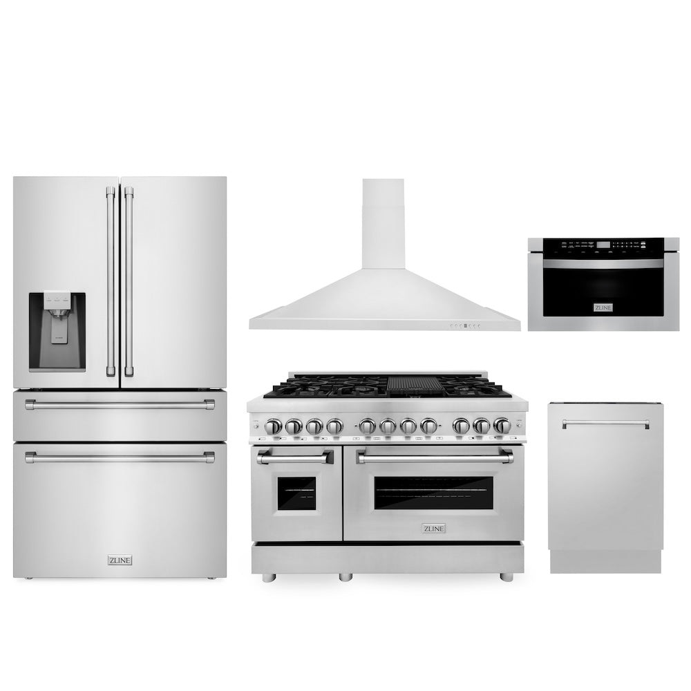 ZLINE Kitchen Package with Water and Ice Dispenser Refrigerator, 48 in. Dual Fuel Range, 48 in. Range Hood, Microwave Drawer, and 24 in. Tall Tub Dishwasher (5KPRW-RARH48-MWDWV)