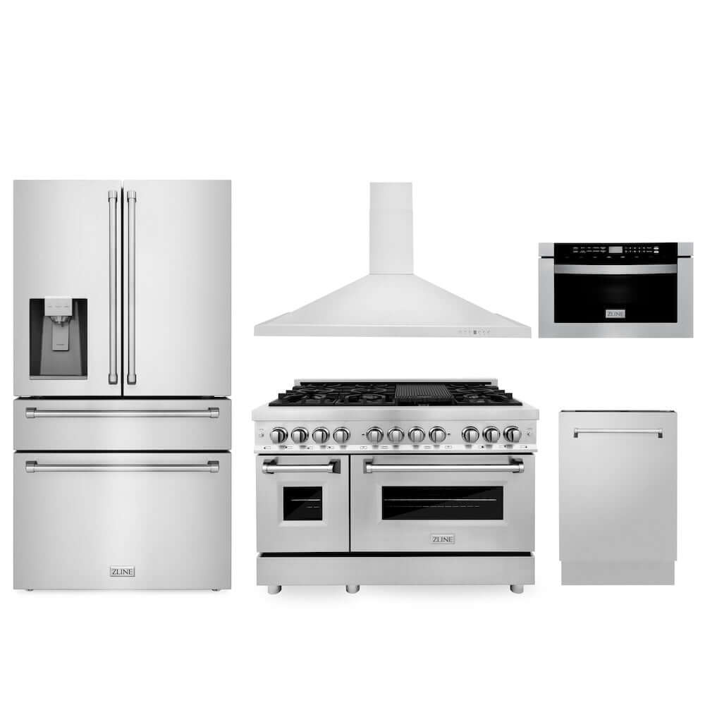 ZLINE Kitchen Package with 48 in. Dual Fuel Range, 48 in. Range Hood, 36 in. Refrigerator with Water Dispenser, 24 in. Microwave Drawer, and 24 in. Tall Tub Dishwasher (5KPRW-RARH48-MWDWV)