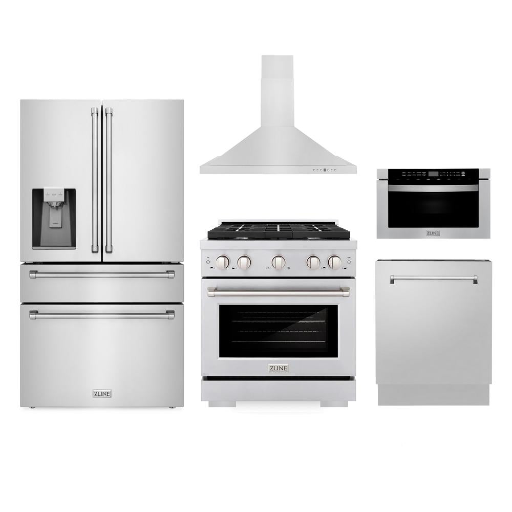 ZLINE Kitchen Package with 30 in. Gas Range, 30 in. Range Hood, 36 in. Refrigerator with Water Dispenser, 24 in. Microwave Drawer, and 24 in. Tall Tub Dishwasher (5KPRW-SGRRH30-MWDWV)