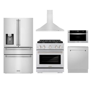 ZLINE Kitchen Package with 30 in. Gas Range, 30 in. Range Hood, 36 in. Refrigerator with Water Dispenser, 24 in. Microwave Drawer, and 24 in. Tall Tub Dishwasher (5KPRW-SGRRH30-MWDWV)