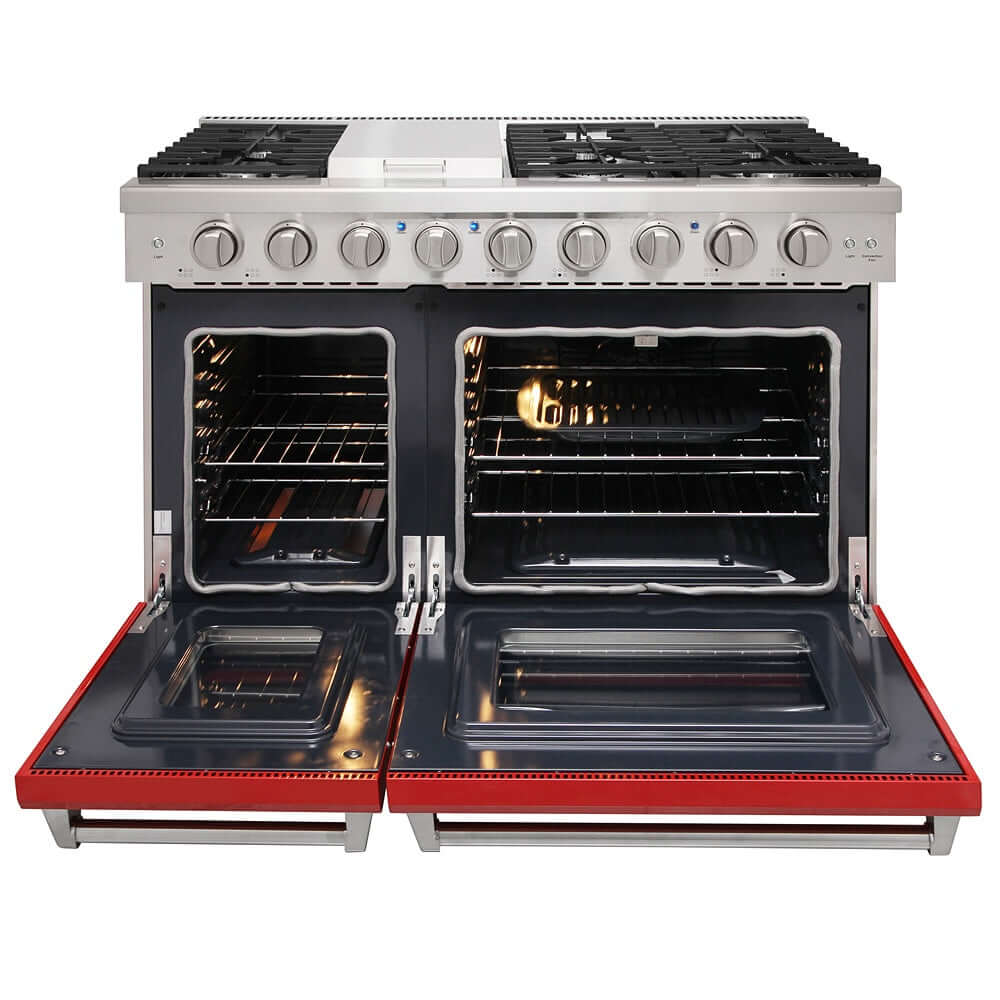 KOSTCH 48 in. Liquid Propane 6 Burner Gas Range with 6.8 cu. ft. Double Oven and Griddle in Stainless Steel with Red Oven Doors (KOS-48RG03MLP-R)
