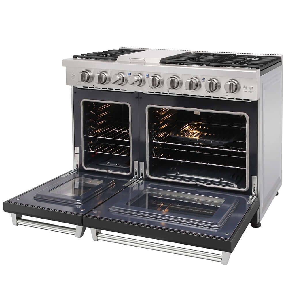 KOSTCH 48 in. 6 Burner Gas Range with 6.8 cu. ft. Double Oven and Griddle in Stainless Steel with Black Oven Doors (KOS-48RG03M-B)