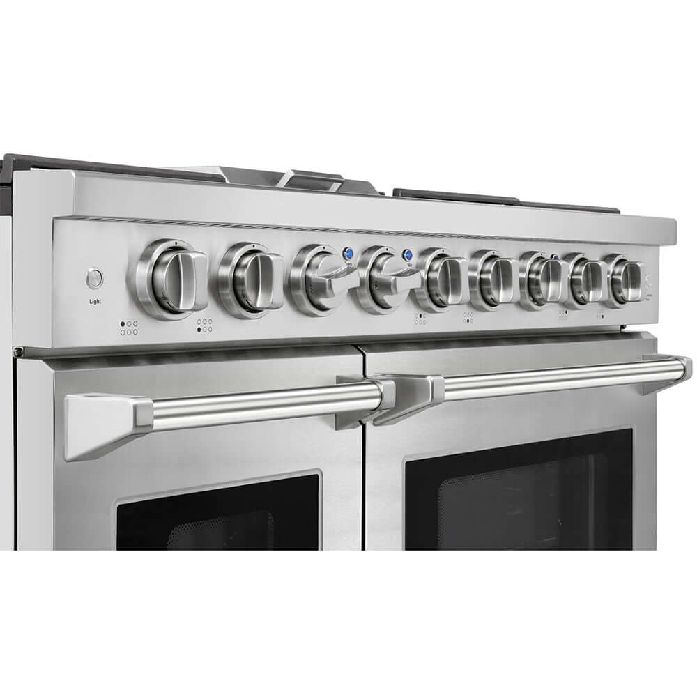 KOSTCH 48 in. 6 Burner Gas Range with 6.8 cu. ft. Double Convection Oven and Griddle in Stainless Steel (KOS-48RG03M-S) knobs on a white background