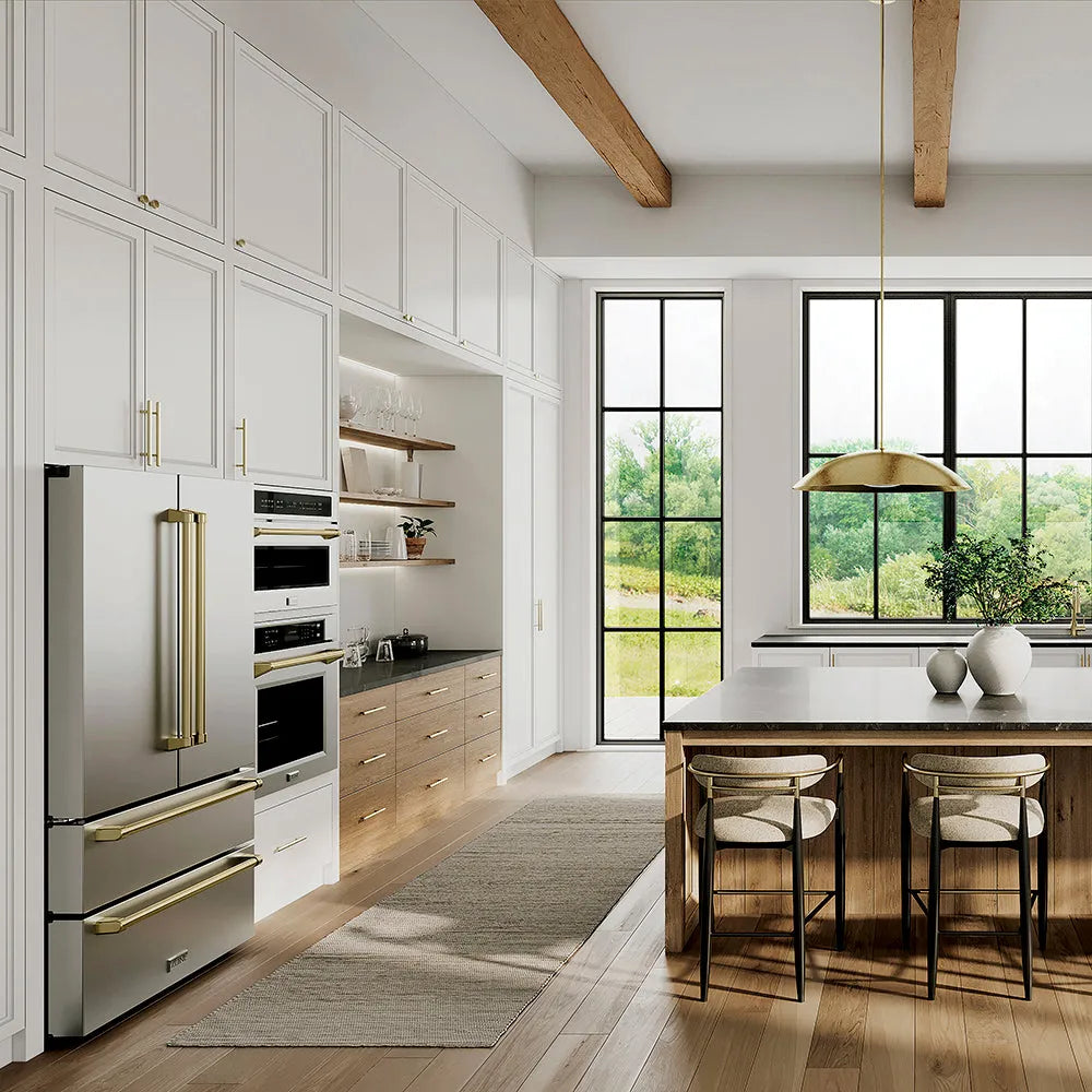 Modern kitchen with ZLINE Autograph Edition 36 in. 22.5 cu. ft. Counter-Depth French Door Refrigerator with Ice Maker in Fingerprint-Resistant Stainless Steel with Champagne Bronze Traditional Handles (RFMZ-36-CB), white cabinets, stainless steel appliances, and a large window.