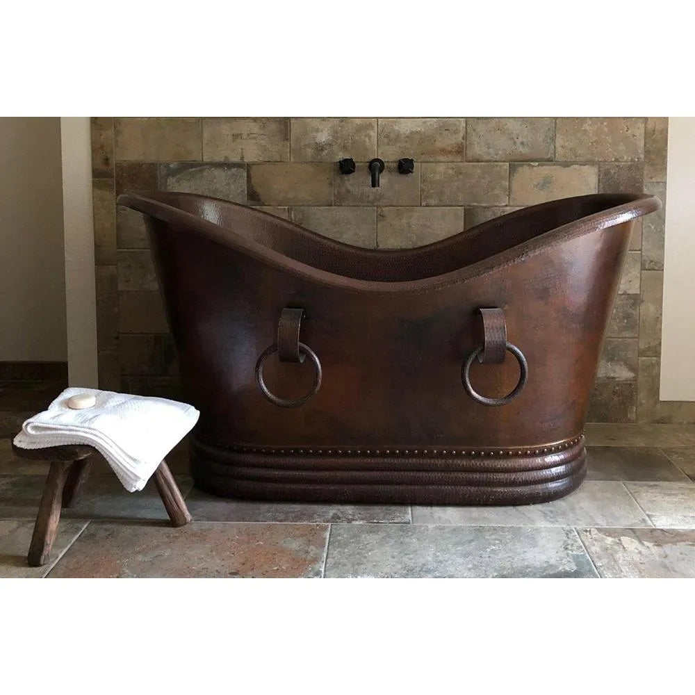 Premier Copper 60 in. Hammered Copper Double Slipper Bathtub With Rings (BTDR60DB)