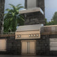 ZLINE Outdoor Wall Mount Range Hood in Outdoor Approved Stainless Steel (667-304) rendering above an outdoor barbecue from below.