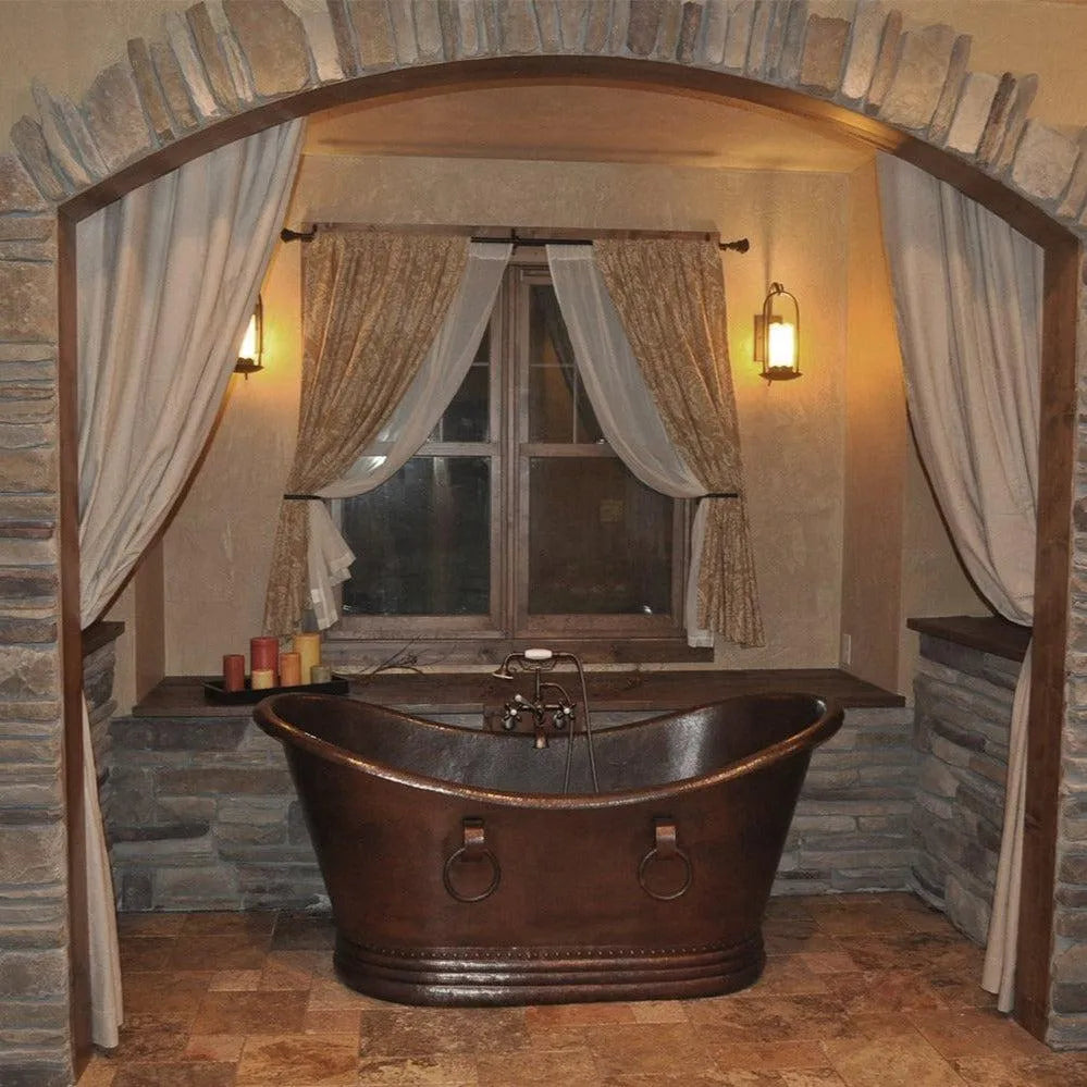 Premier Copper 67 in. Hammered Copper Double Slipper Bathtub With Rings (BTDR67DB)