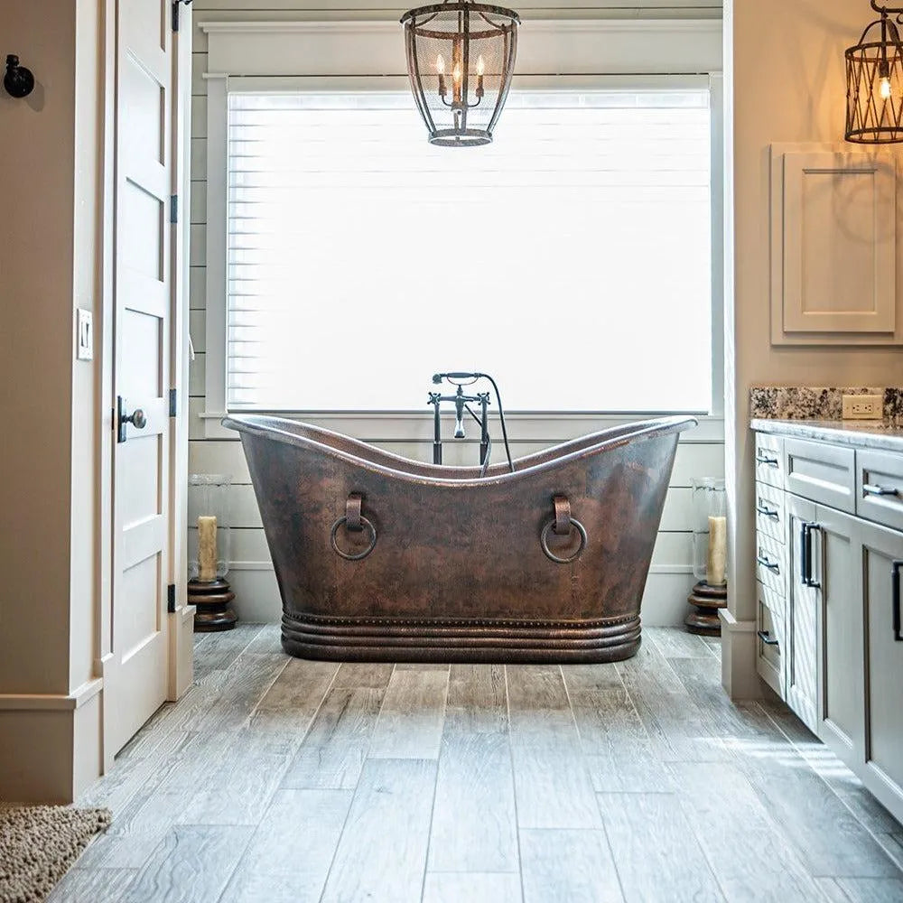 Premier Copper 67 in. Hammered Copper Double Slipper Bathtub With Rings (BTDR67DB)
