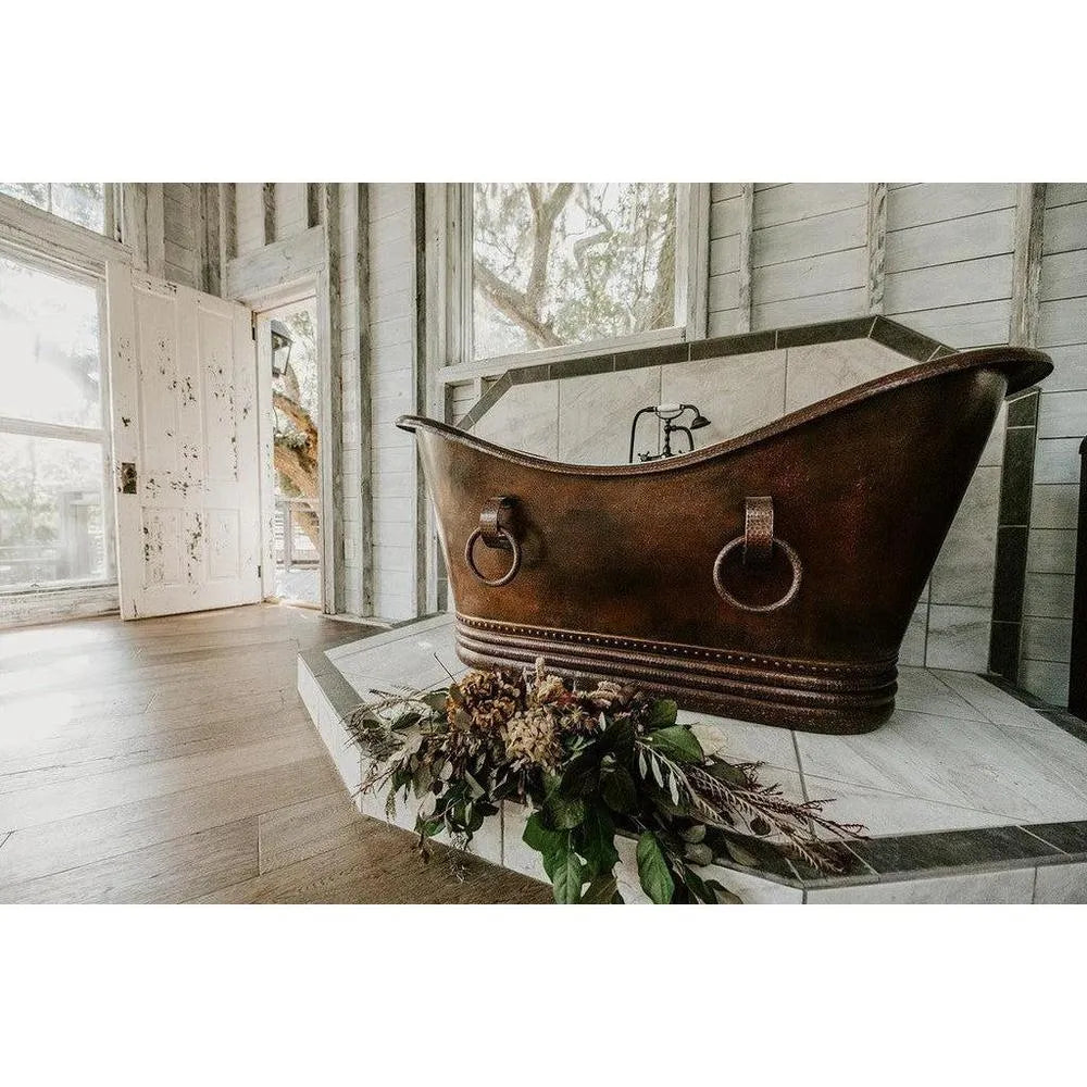 Premier Copper 67 in. Hammered Copper Double Slipper Bathtub With Rings (BTDR67DB)