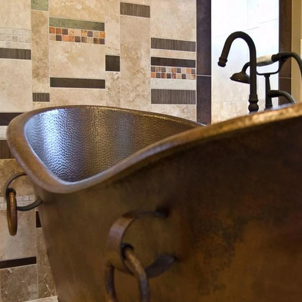 Premier Copper 67 in. Hammered Copper Double Slipper Bathtub With Rings (BTDR67DB)