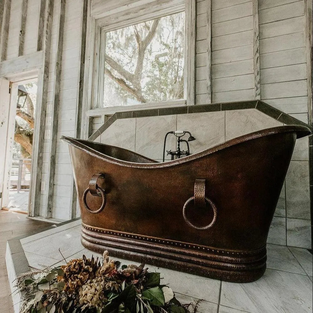 Premier Copper 67 in. Hammered Copper Double Slipper Bathtub With Rings (BTDR67DB)
