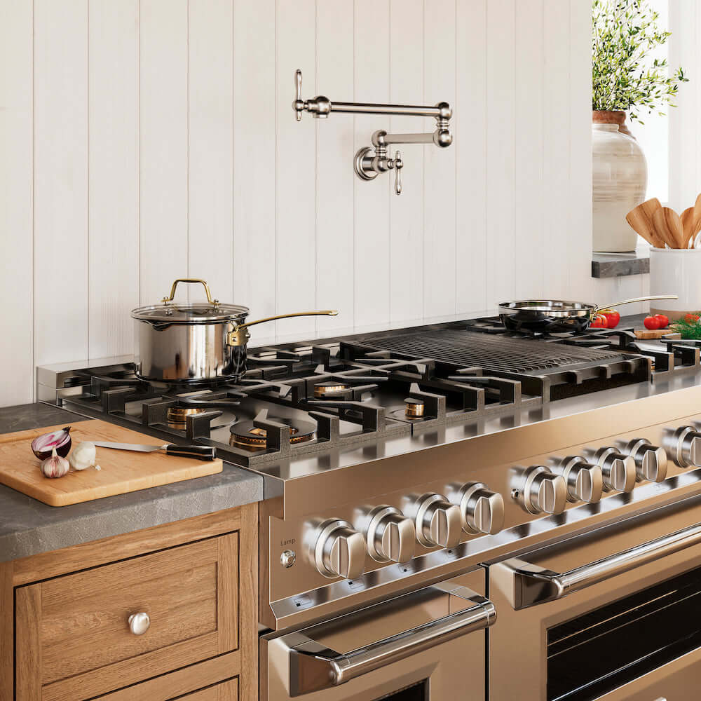 ZLINE 48 in. 6.0 cu. ft. Legacy Dual Fuel Range with Gas Cooktop and 2 Electric Ovens in Stainless Steel with 6 Brass Burners (RA-BR-48) in a luxury kitchen.
