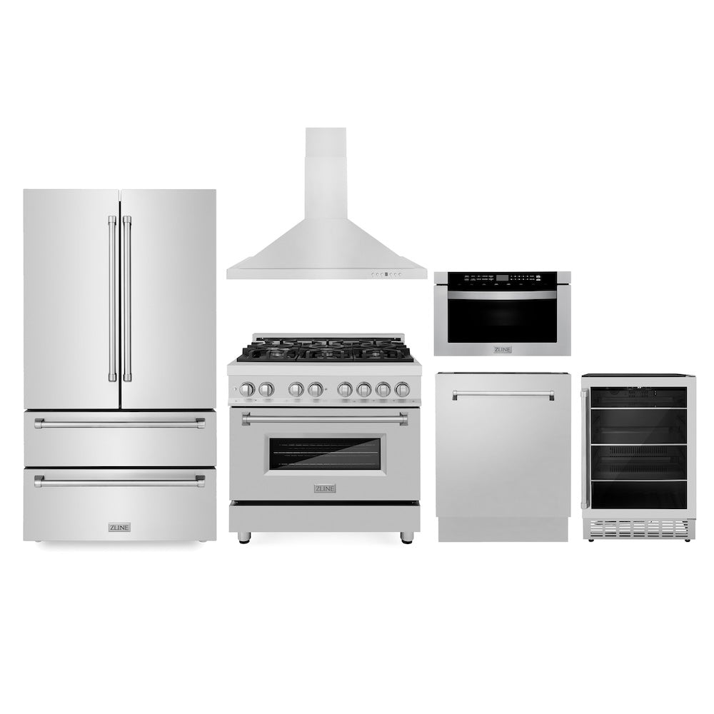 ZLINE Kitchen Package with 36 in. Stainless Steel Dual Fuel Range, 36 in. Range Hood, 36 in. Refrigerator, 24 in. Microwave Drawer, 24 in. Tall Tub Dishwasher and Beverage Fridge (6KPR-RARH36-MWDWV-RBV)