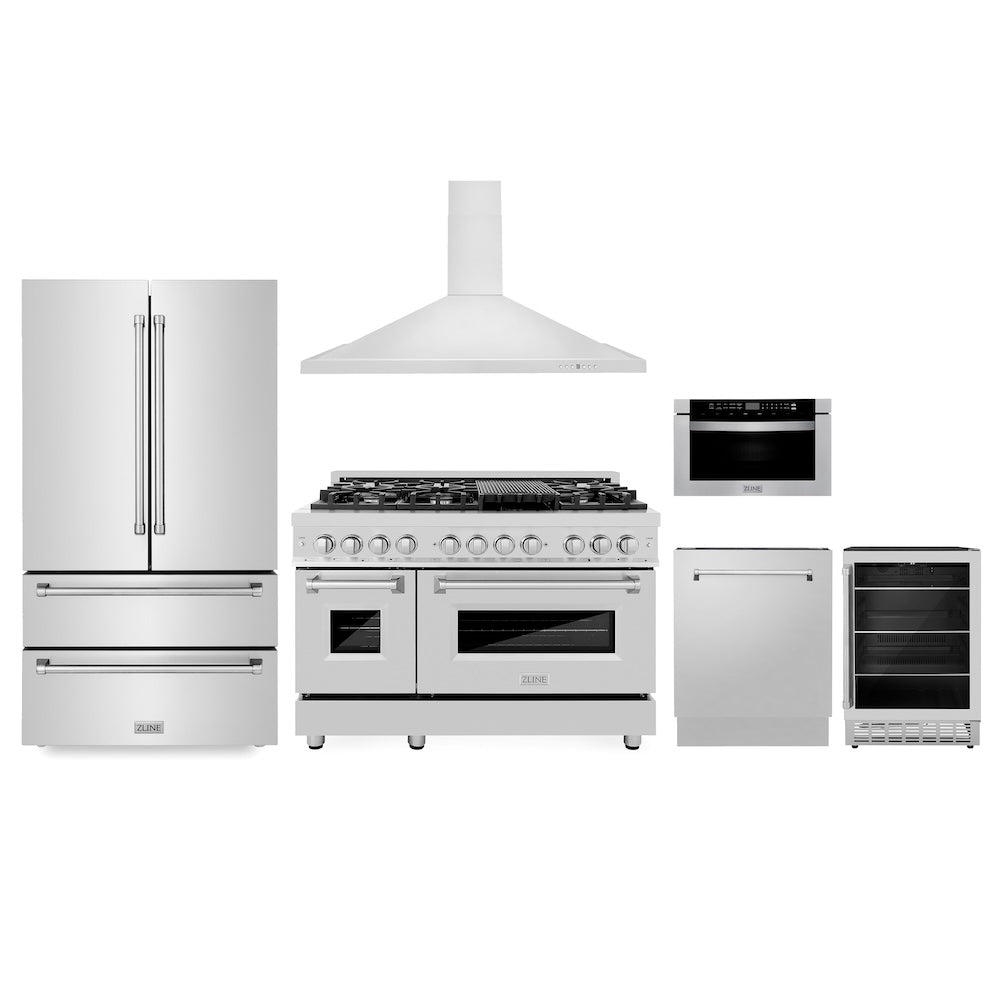 ZLINE Kitchen Package with Refrigeration, 48 in. Stainless Steel Dual Fuel Range, 48 in. Range Hood, Microwave Drawer, 24 in. Tall Tub Dishwasher and Beverage Fridge (6KPR-RARH48-MWDWV-RBV)