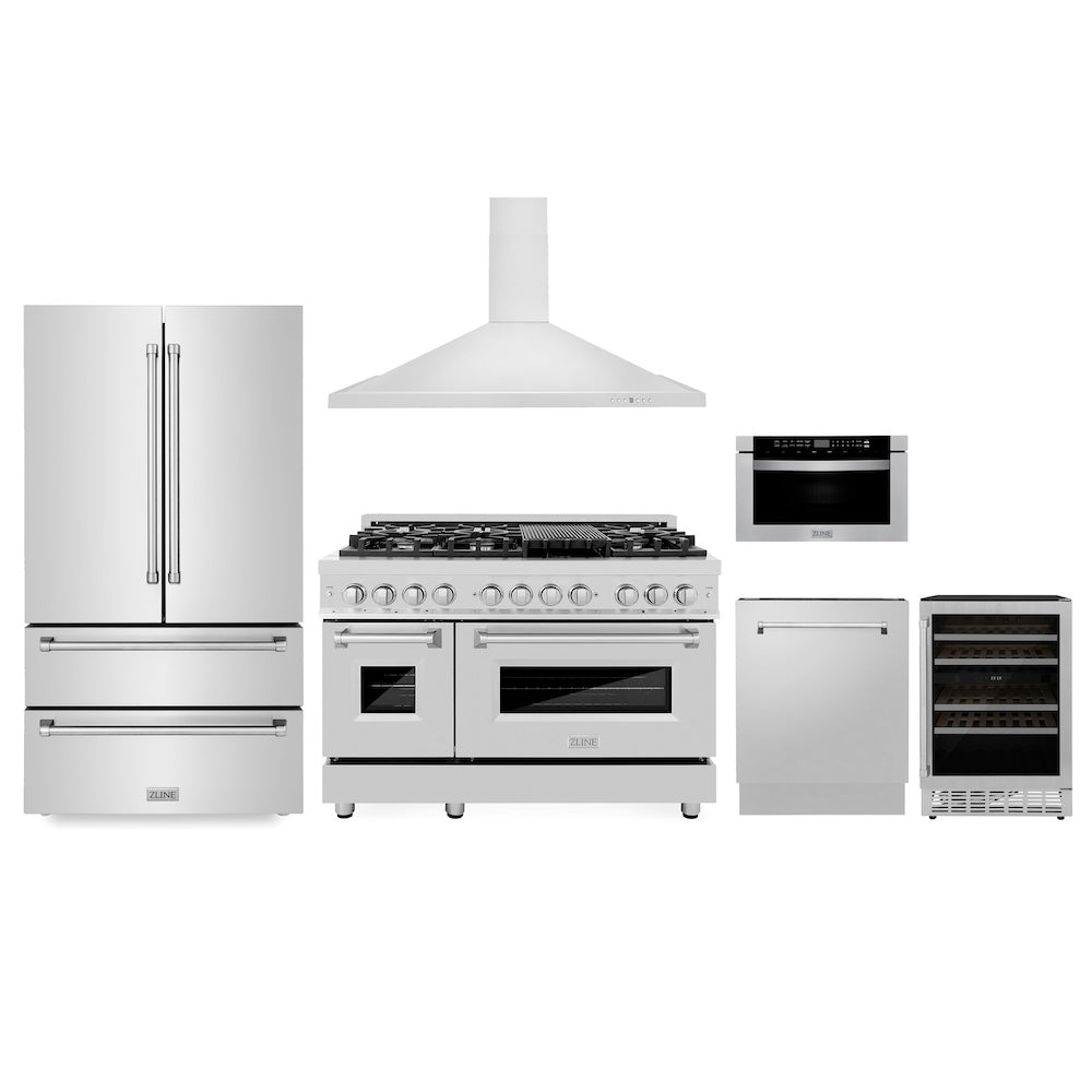 ZLINE Kitchen Package with 48 in. Stainless Steel Dual Fuel Range, 36 in. Range Hood, 36 in. Refrigerator, 24 in. Microwave Drawer, 24 in. Tall Tub Dishwasher and Wine Cooler (6KPR-RARH48-MWDWV-RWV)
