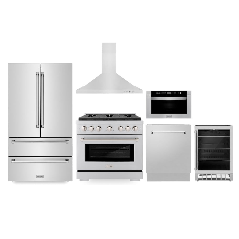 ZLINE Kitchen Package with 36 in. Stainless Steel Gas Range, 36 in. Range Hood, 36 in. Refrigerator, Microwave Drawer, 24 in. Tall Tub Dishwasher and Beverage Fridge (6KPR-SGRRH36-MWDWV-RBV)