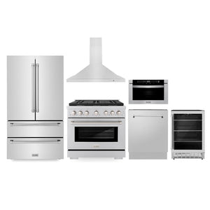 ZLINE Kitchen Package with 36 in. Stainless Steel Gas Range, 36 in. Range Hood, 36 in. Refrigerator, Microwave Drawer, 24 in. Tall Tub Dishwasher and Beverage Fridge (6KPR-SGRRH36-MWDWV-RBV)