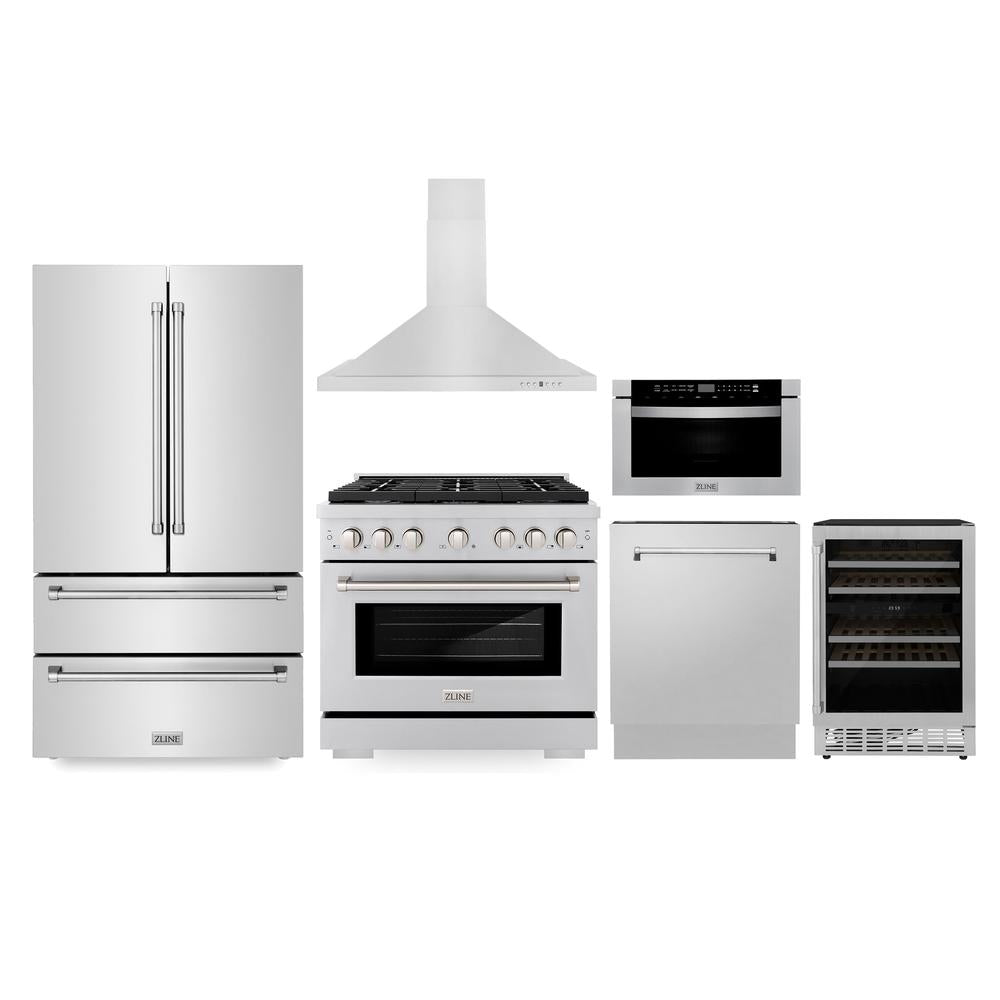 ZLINE Kitchen Package with 36 in. Stainless Steel Gas Range, 36 in. Range Hood, 36 in. Refrigerator, 24 in. Microwave Drawer, 24 in. Tall Tub Dishwasher and Wine Cooler (6KPR-SGRRH36-MWDWV-RWV)