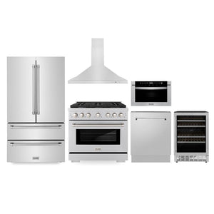 ZLINE Kitchen Package with 36 in. Stainless Steel Gas Range, 36 in. Range Hood, 36 in. Refrigerator, 24 in. Microwave Drawer, 24 in. Tall Tub Dishwasher and Wine Cooler (6KPR-SGRRH36-MWDWV-RWV)
