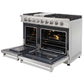 KOSTCH 48 in. 6 Burner Gas Range with 6.8 cu. ft. Double Convection Oven and Griddle in Stainless Steel (KOS-48RG03M-S) side, with open doors on a white background