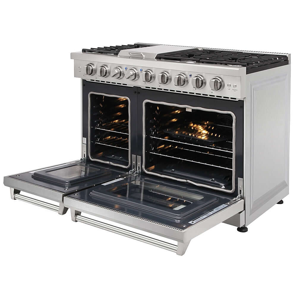 KOSTCH 48 in. 6 Burner Gas Range with 6.8 cu. ft. Double Convection Oven and Griddle in Stainless Steel (KOS-48RG03M-S) side, with open doors on a white background