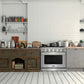 Modern kitchen with KOSTCH 36 in. Electric Range with 6.0 cu. ft. True Convection Oven in Stainless Steel (KOS-36RE06H-S), wooden cabinets, and white tiled walls.