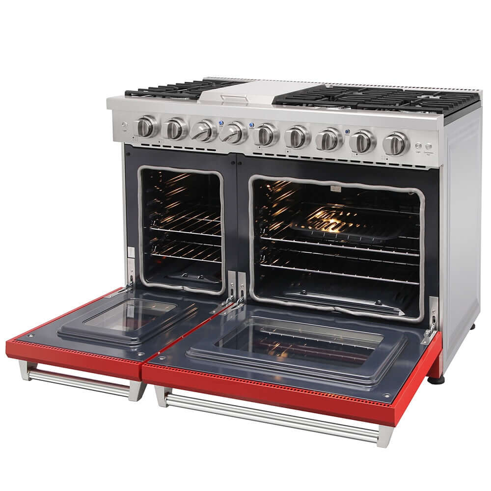 KOSTCH 48 in. 6 Burner Gas Range with 6.8 cu. ft. Double Oven and Griddle in Stainless Steel with Red Oven Doors (KOS-48RG03M-R)