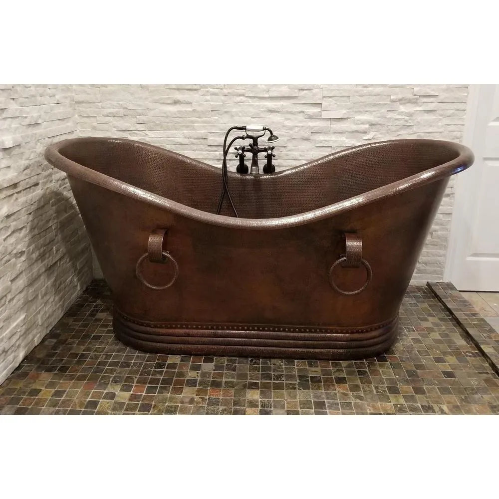 Premier Copper 72 in. Hammered Copper Double Slipper Bathtub With Rings (BTDR72DB)