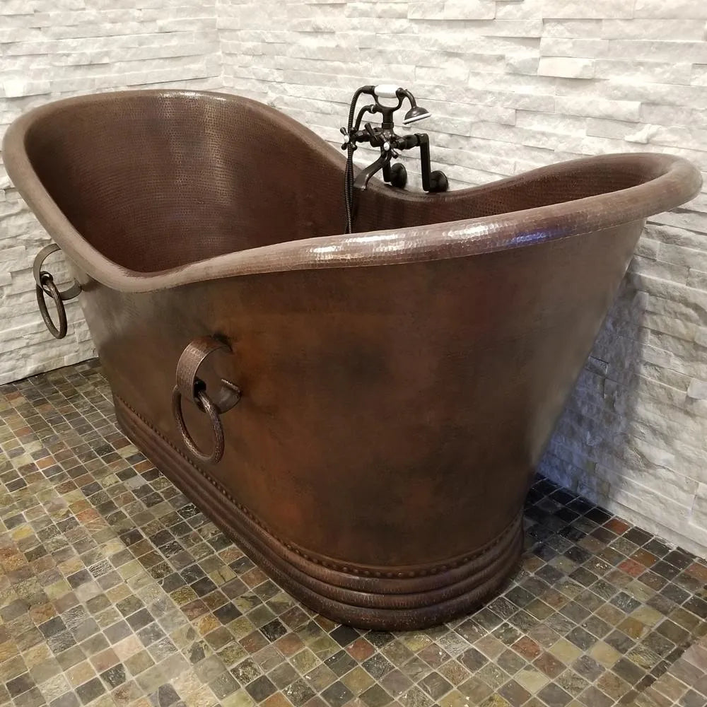 Premier Copper 72 in. Hammered Copper Double Slipper Bathtub With Rings (BTDR72DB)