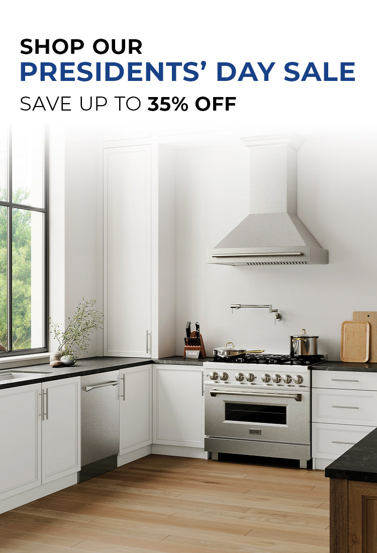 Modern kitchen with stainless steel appliances and a Presidents' Day sale announcement. Text: Shop Our Presidents' Day Sale. Save up to 35% off.