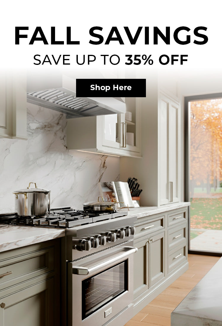 Kitchen range and range hood in a modern kitchen. Text: Fall savings. Save up to 35% off. Button: Shop here.