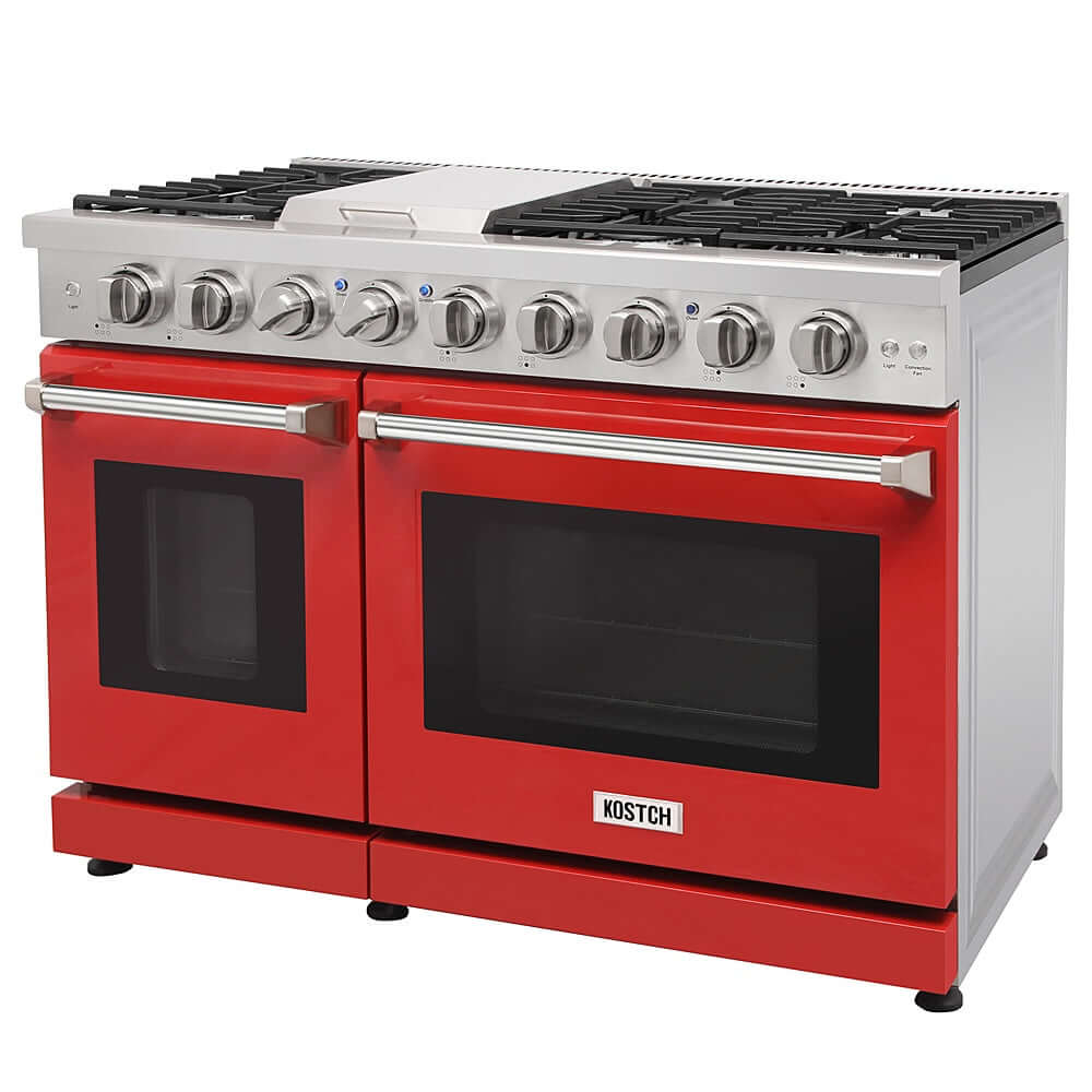 KOSTCH 48 in. 6 Burner Gas Range with 6.8 cu. ft. Double Oven and Griddle in Stainless Steel with Red Oven Doors (KOS-48RG03M-R)