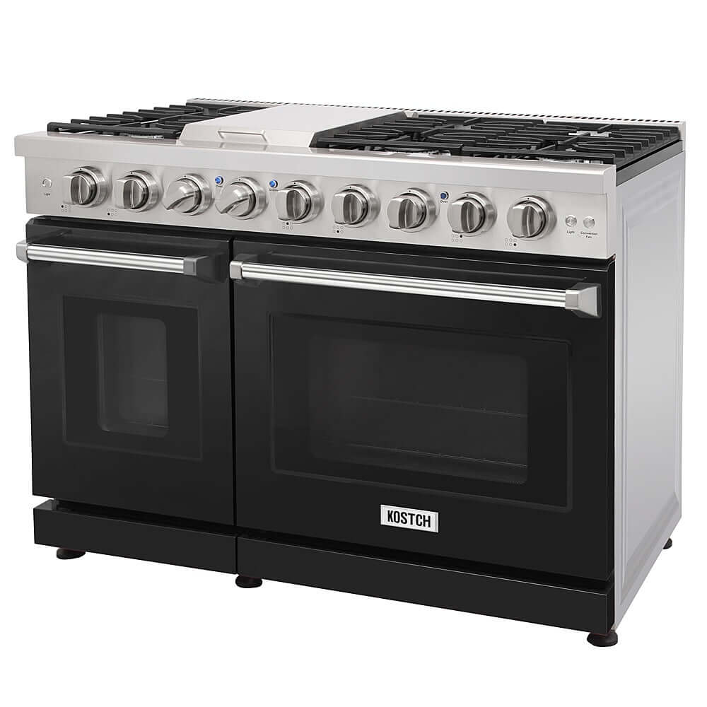KOSTCH 48 in. 6 Burner Gas Range with 6.8 cu. ft. Double Oven and Griddle in Stainless Steel with Black Oven Doors (KOS-48RG03M-B)