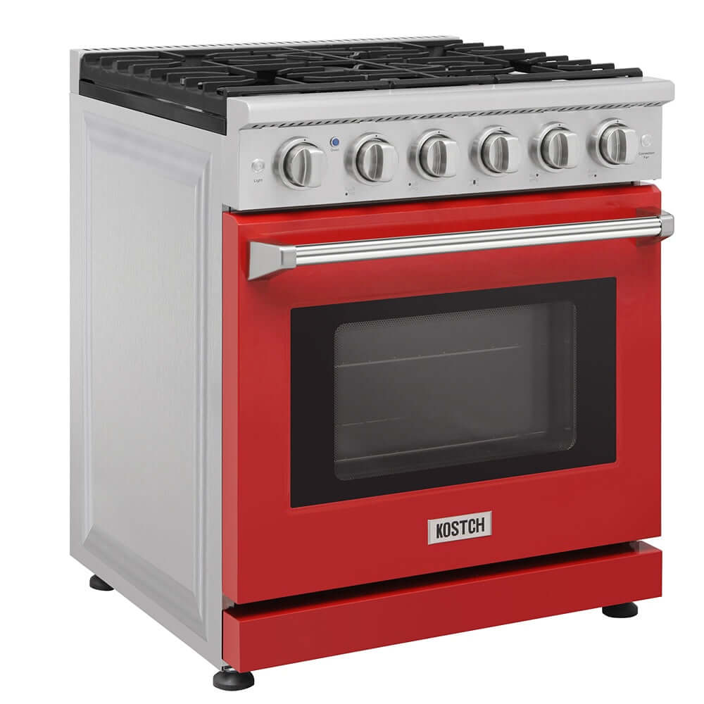 KOSTCH 30 in. 5 Burner Natural Gas Range with 4.55 cu. ft. Convection Oven in Stainless Steel with Red Oven Door (KOS-30RG03M-R)