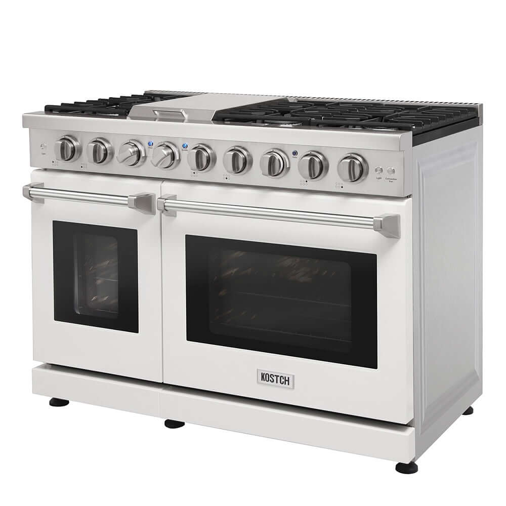KOSTCH 48 in. 6 Burner Gas Range with 6.8 cu. ft. Double Oven and Griddle in Stainless Steel with White Oven Doors (KOS-48RG03M-W) on a white background