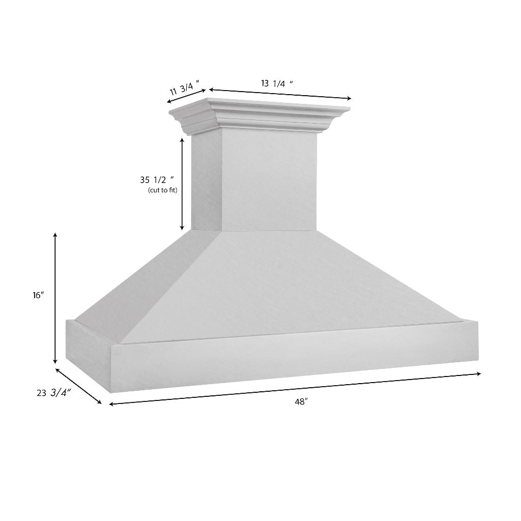 ZLINE 48 in. Kitchen Package with DuraSnow® Stainless Steel Dual Fuel Range and Convertible Vent Range Hood (2KP-RASSNRH48) dimensional diagram with measurements.