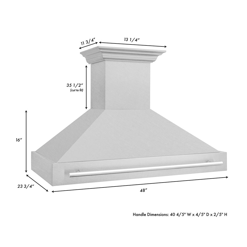 ZLINE 48 in. Fingerprint Resistant Stainless Steel Range Hood with Colored Shell Options (8654SNX-48) dimensional diagram and measurements.