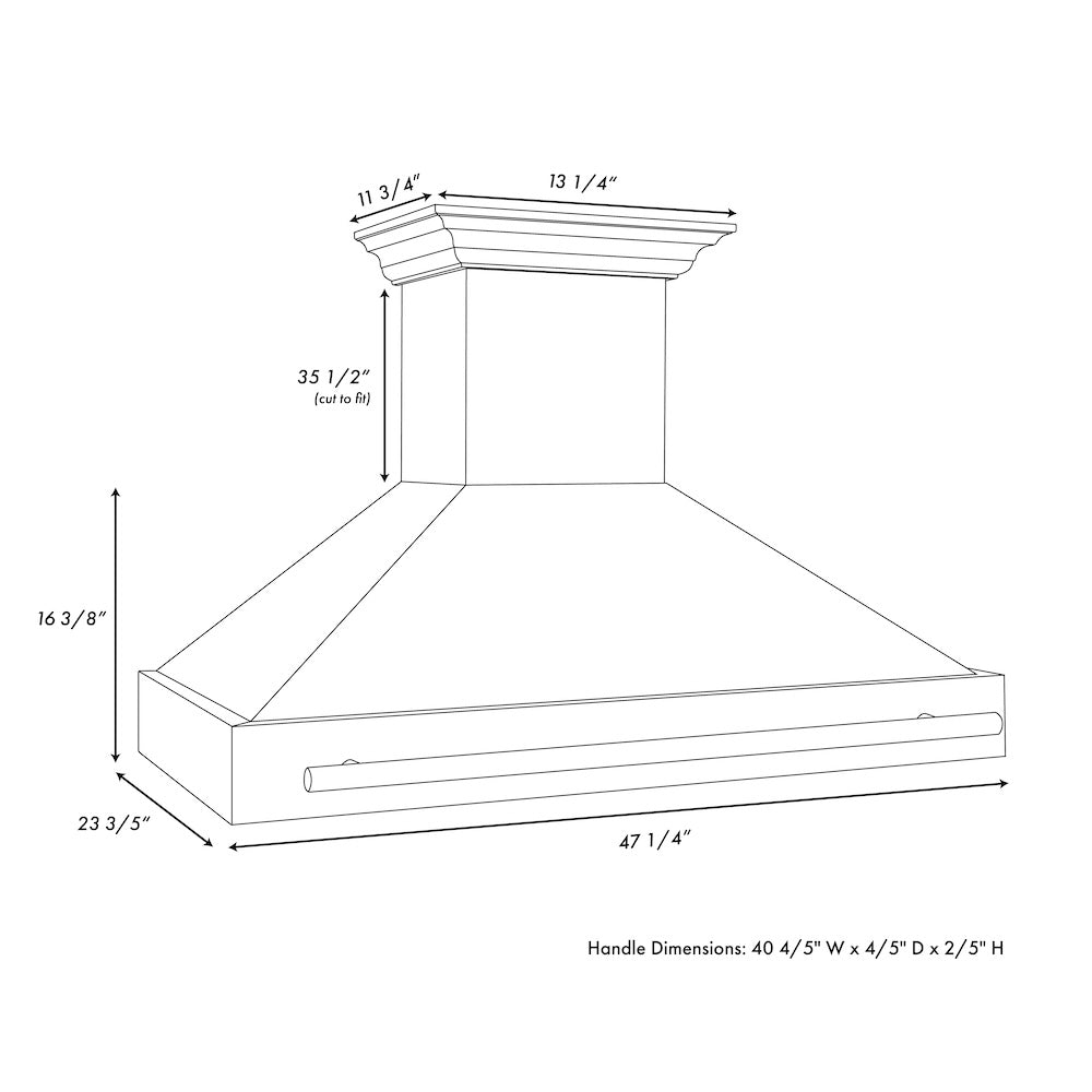 ZLINE Autograph Edition 48 in. Satin Stainless Steel Wall Mount Range Hood with White Matte Shell and Accent Handle (8654SNZ-WM48) dimensional diagram.