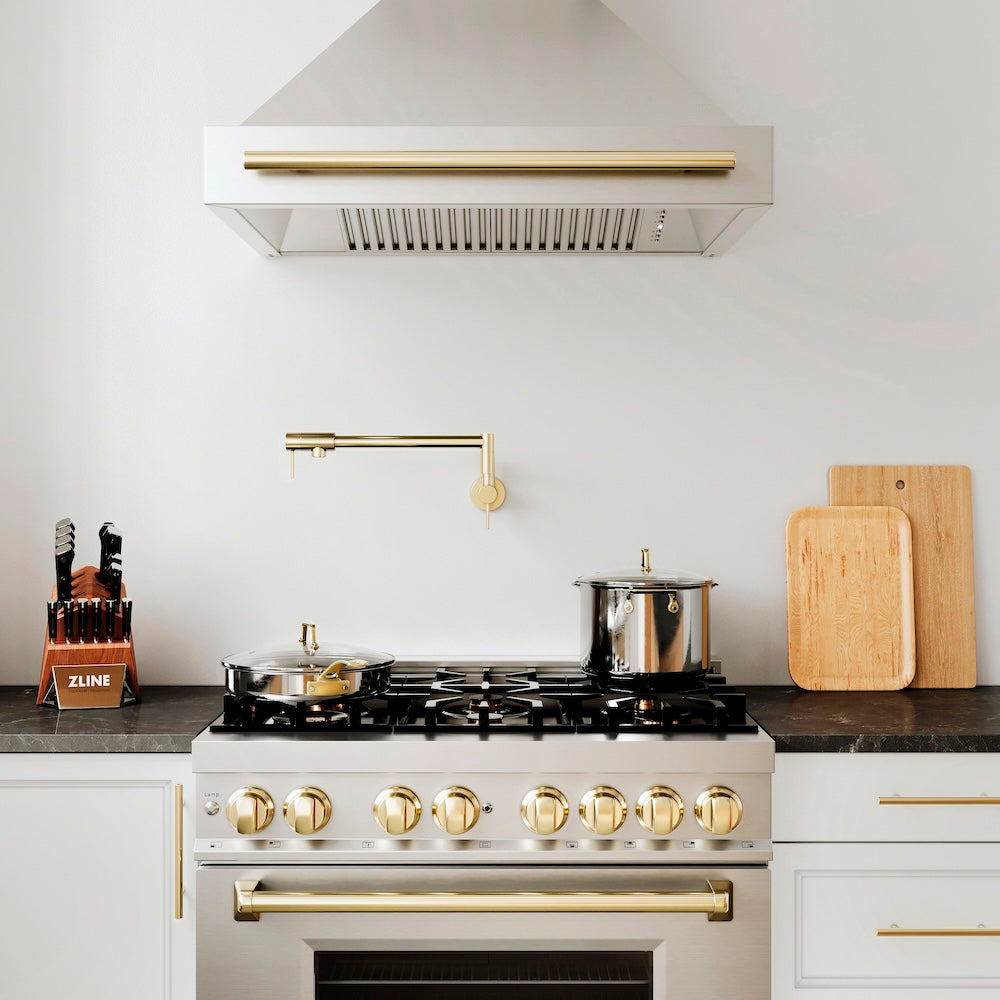 ZLINE Autograph Edition 36 in. Kitchen Package with Stainless Steel Dual Fuel Range and Range Hood with Polished Gold Accents (2AKP-RARH36-G)