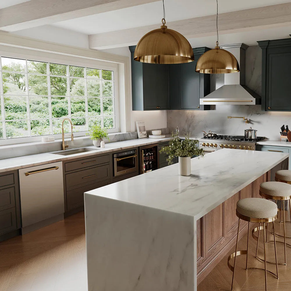 ZLINE Autograph Edition 24 in. 1.2 cu. ft. Built-in Microwave Drawer with a Traditional Handle in Stainless Steel and Polished Gold Accents (MWDZ-1-H-G) in a kitchen with marble island, stainless steel appliances, and gold pendant lights.