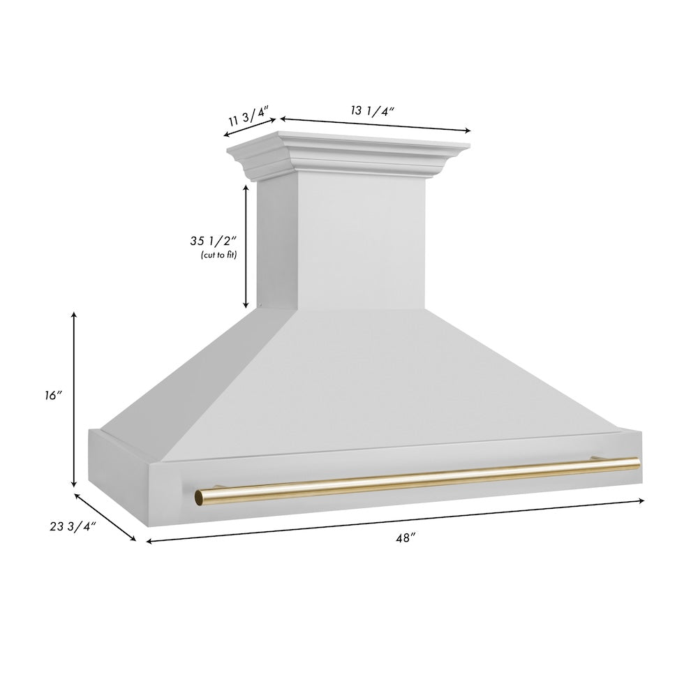 ZLINE Autograph Edition 48 in. Stainless Steel Range Hood with Stainless Steel Shell and Polished Gold Handle (8654STZ-48-G) dimensional diagram with measurements.