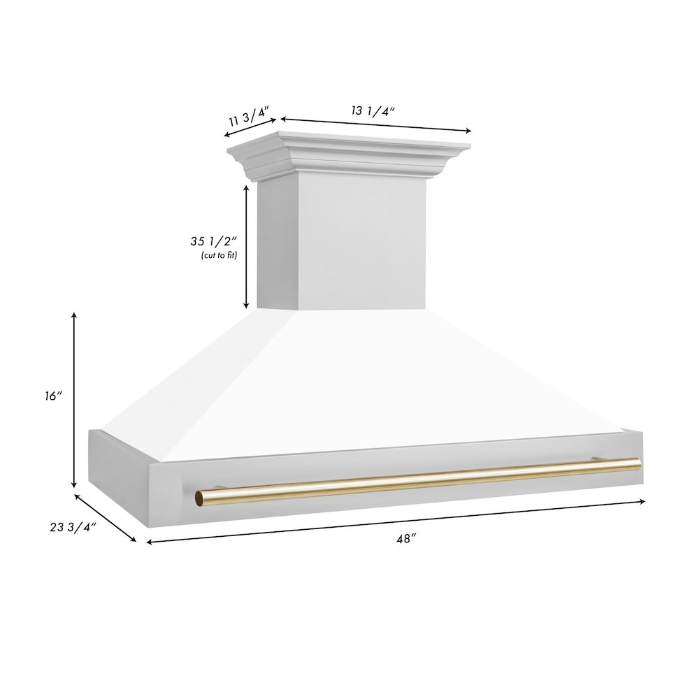 ZLINE Autograph Edition 48 in. Kitchen Package with Stainless Steel Dual Fuel Range with White Matte Door and Range Hood with Polished Gold Accents (2AKP-RAWMRH48-G)